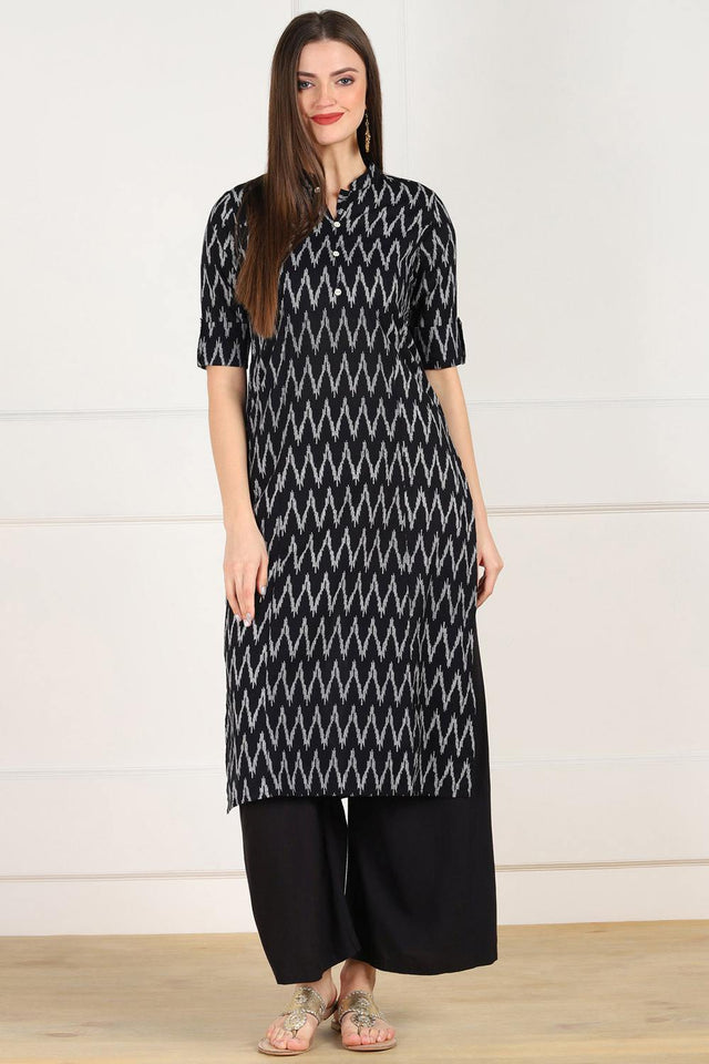 Buy Blended Cotton Ikat Kurti in Black