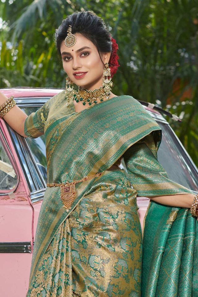 Dark Green Banarasi Woven Saree