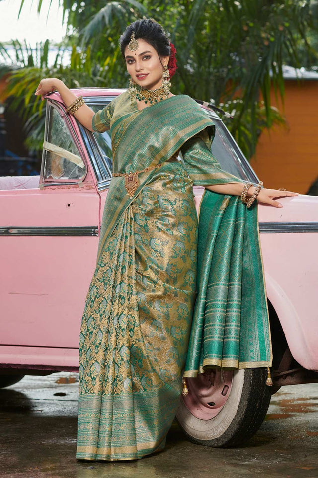 Dark Green Banarasi Woven Saree