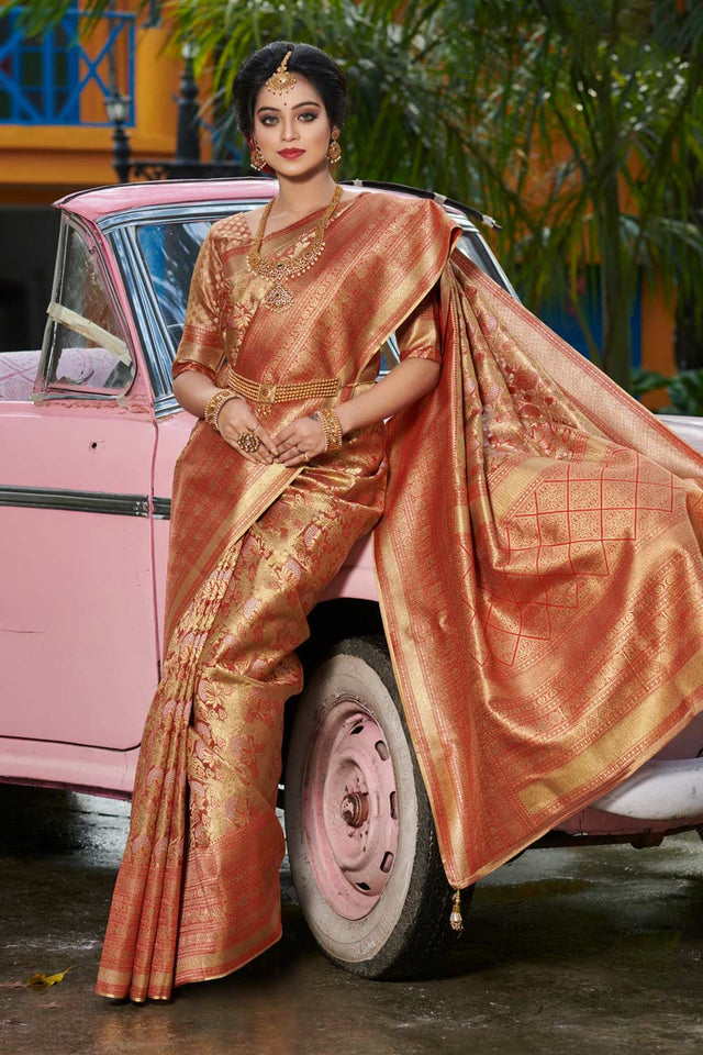 Orange Banarasi Woven Saree