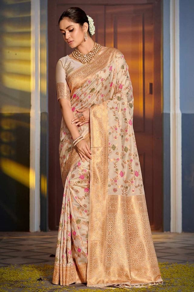 Off-White Banarasi Woven Saree