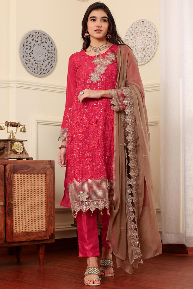Pink Chinon Silk Embroidered Pakistani Suit