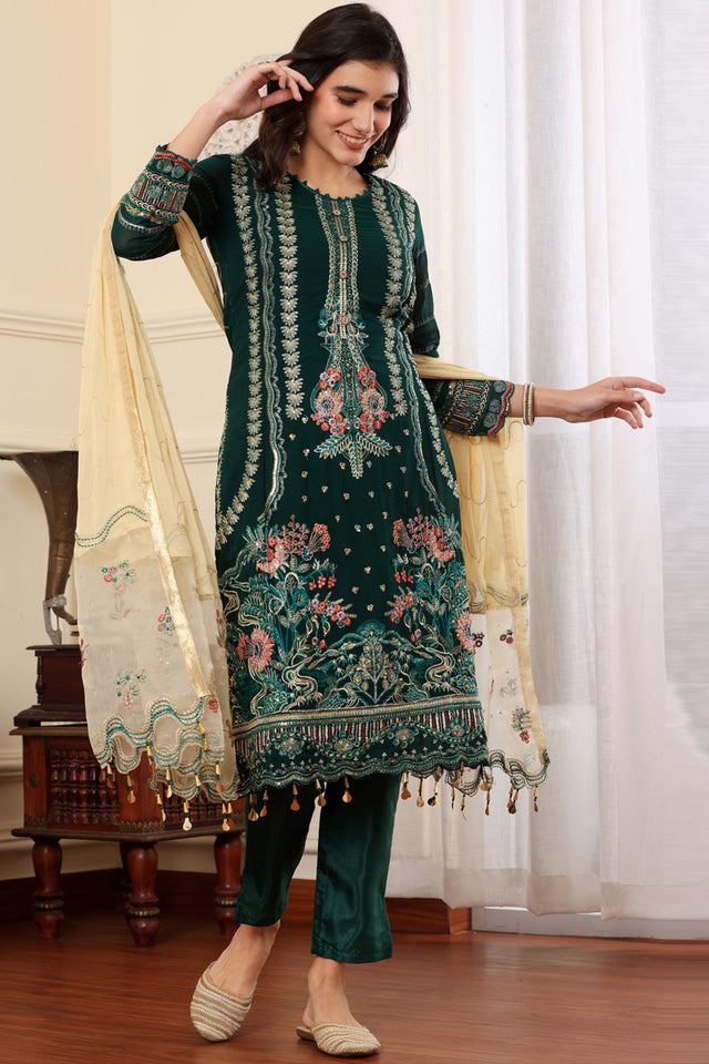 Green Georgette Embroidered Pakistani Suit