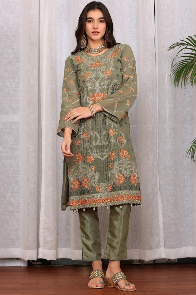 Green Georgette Embroidered Pakistani Suit