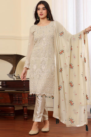 Beige Georgette Embroidered Pakistani Suit