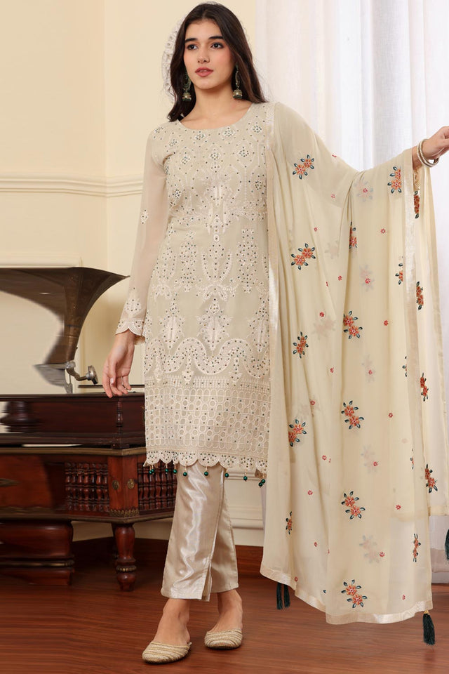 Beige Georgette Embroidered Pakistani Suit