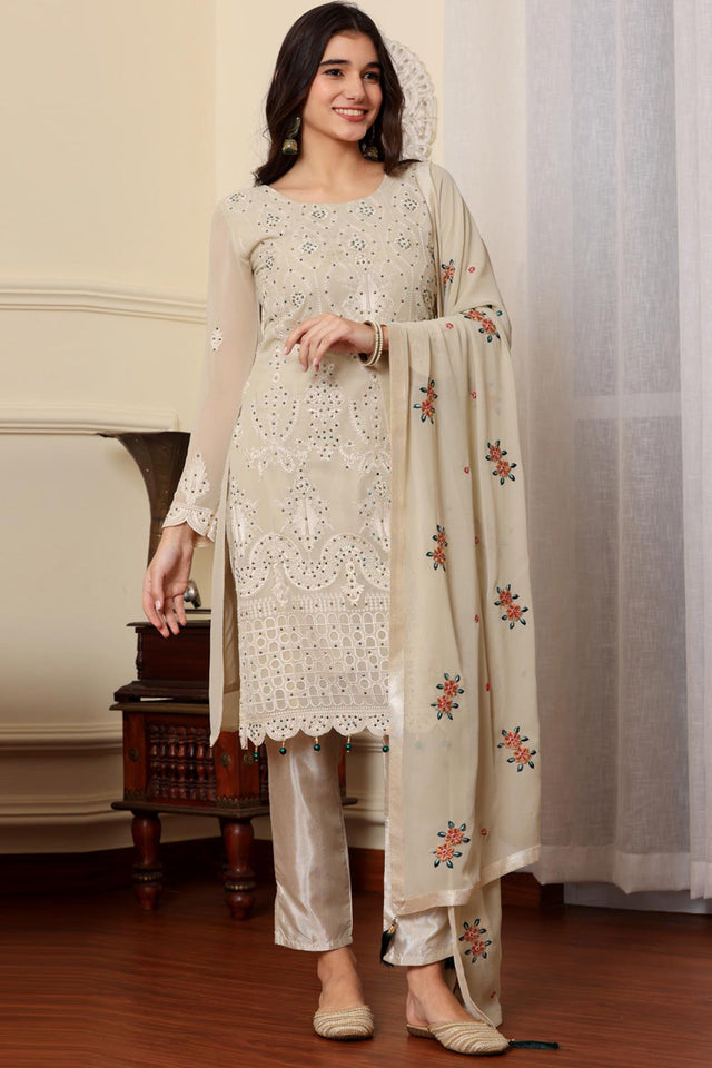 Beige Georgette Embroidered Pakistani Suit