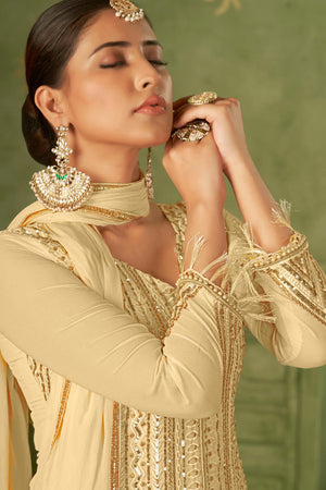 Beige Georgette Pakistani Straight Cut Suit Set