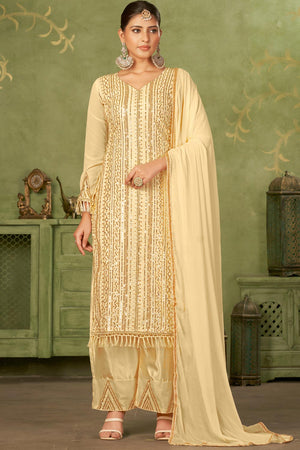 Beige Georgette Pakistani Straight Cut Suit Set