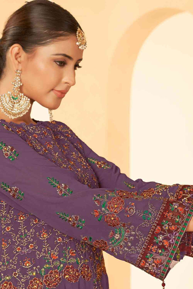 Purple Georgette Embroidered Pakistani Suit