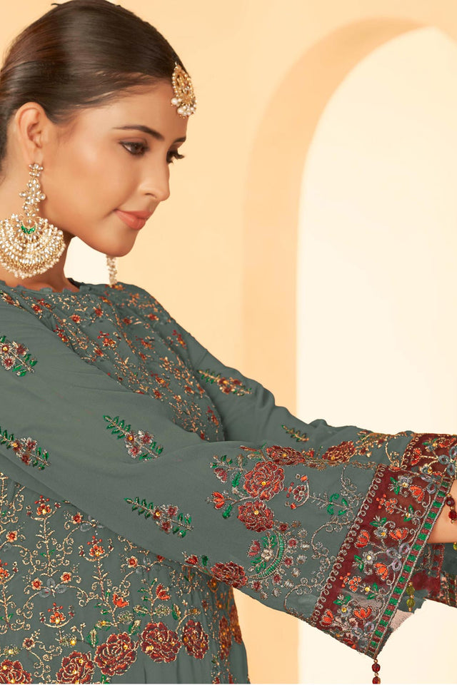 Grey Georgette Embroidered Pakistani Suit
