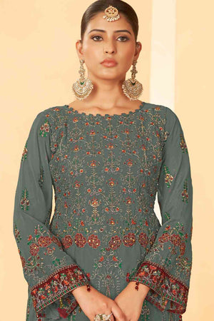 Grey Georgette Embroidered Pakistani Suit
