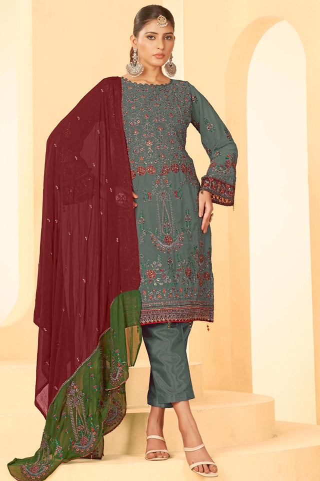 Grey Georgette Embroidered Pakistani Suit
