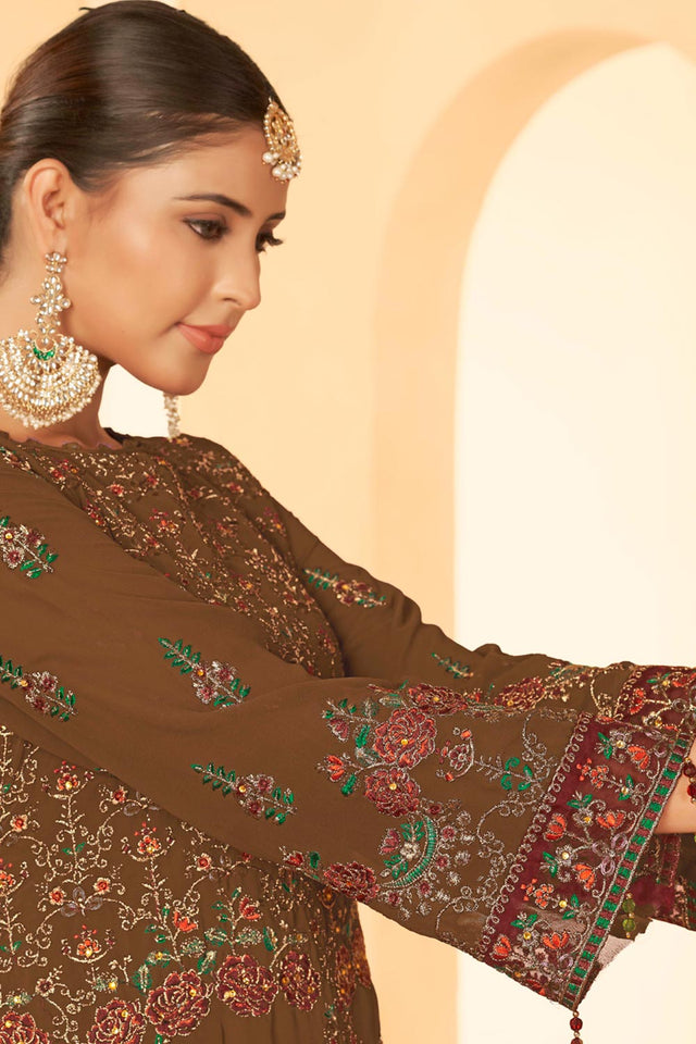 Brown Georgette Embroidered Pakistani Suit