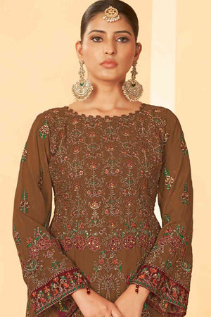 Brown Georgette Embroidered Pakistani Suit