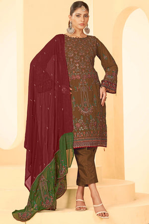 Brown Georgette Embroidered Pakistani Suit