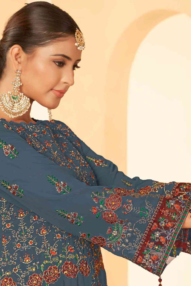 Grey Georgette Embroidered Pakistani Suit