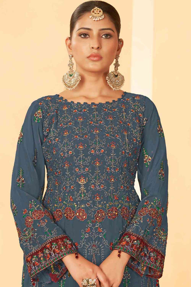 Grey Georgette Embroidered Pakistani Suit