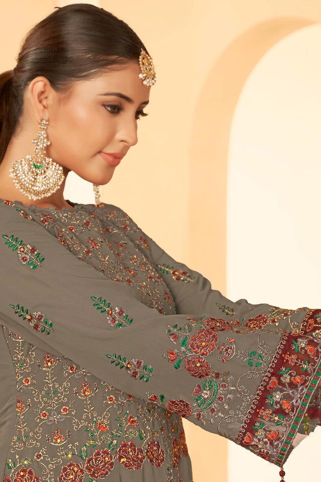 Mouse Grey Georgette Embroidered Pakistani Suit