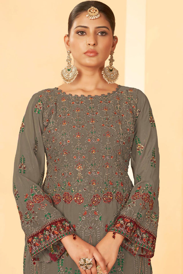 Mouse Grey Georgette Embroidered Pakistani Suit