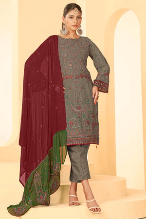 Mouse Grey Georgette Embroidered Pakistani Suit