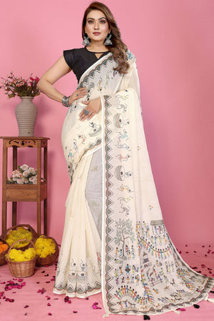 White Warli Printed Cotton Saree (1-SOFTLILAN)