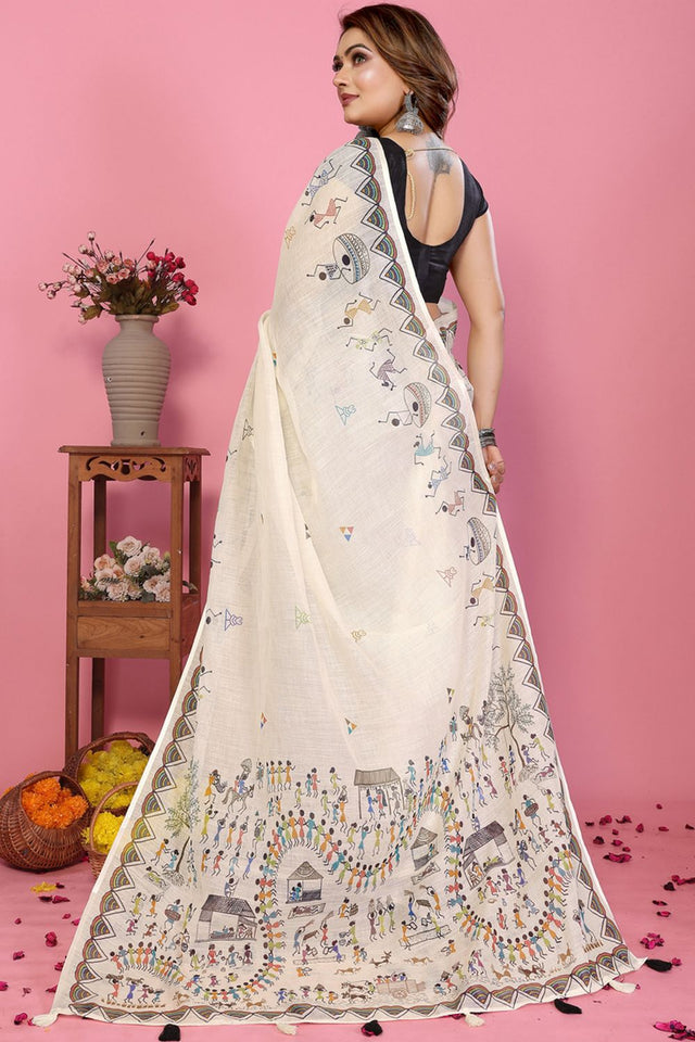 White Warli Printed Cotton Saree (1-SOFTLILAN)