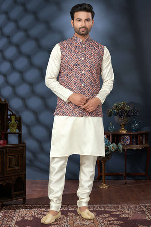 Multi-Color Embroidered Mastani Silk Kurta Pajama Koti Set