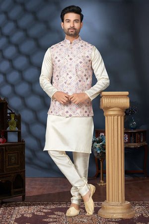 Multi-Color Embroidered Mastani Silk Kurta Pajama Koti Set