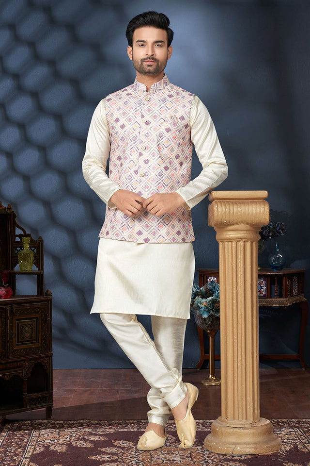 Multi-Color Embroidered Mastani Silk Kurta Pajama Koti Set