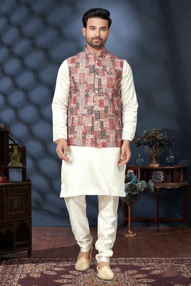 Multi-Color Embroidered Mastani Silk Kurta Pajama Koti Set