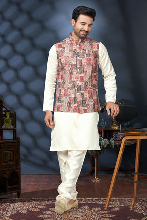 Multi-Color Embroidered Mastani Silk Kurta Pajama Koti Set