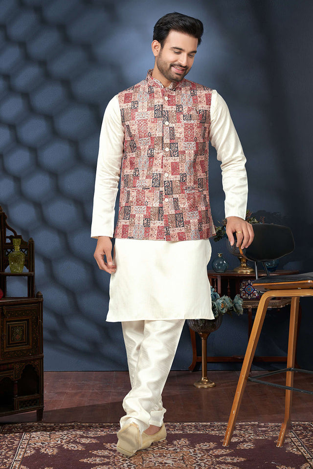 Multi-Color Embroidered Mastani Silk Kurta Pajama Koti Set