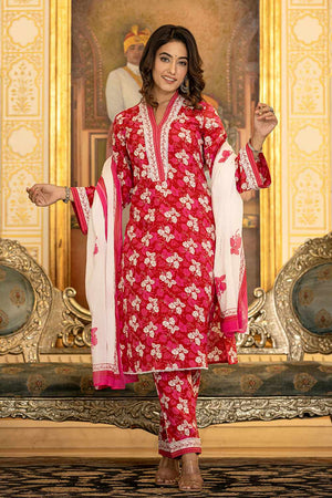 Pink Floral Print Cotton Kurti Pant Set