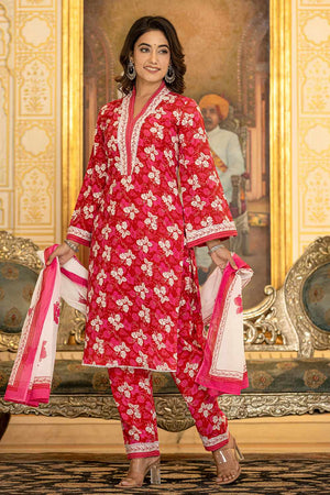Pink Floral Print Cotton Kurti Pant Set