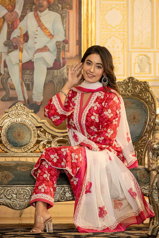 Pink Floral Print Cotton Kurti Pant Set