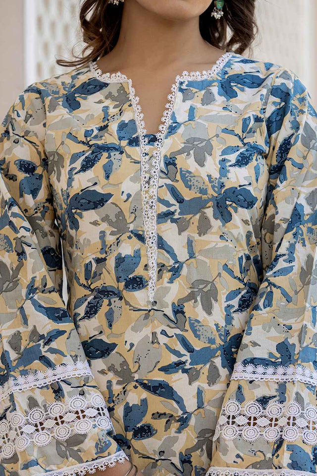 Beige Gometric Print Lace Work Pure Cotton Kurti Pant Set