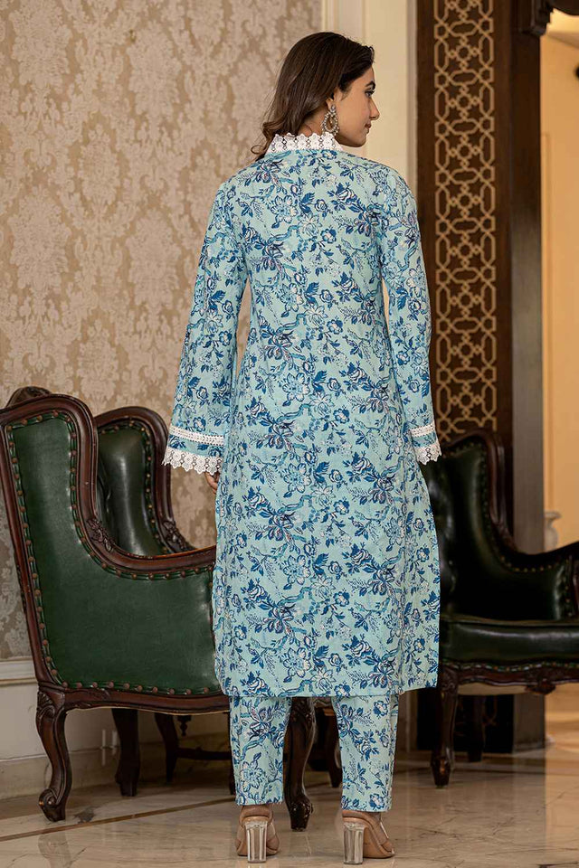 Blue Floral Print Lace Work Pure Cotton Kurti Pant Set
