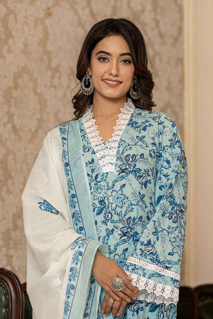 Blue Floral Print Lace Work Pure Cotton Kurti Pant Set