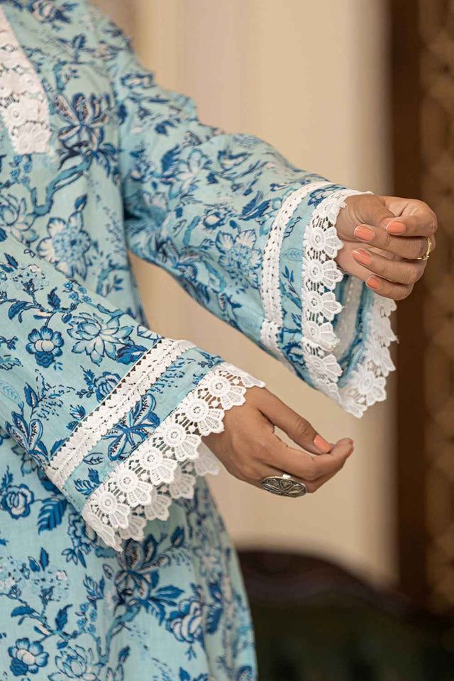 Blue Floral Print Lace Work Pure Cotton Kurti Pant Set