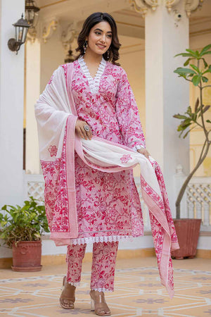 Pink Floral Print Lace Work Pure Cotton Kurti Pant Set