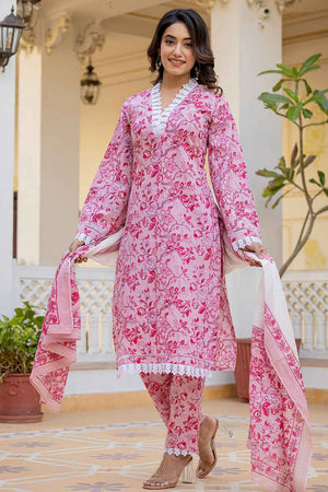 Pink Floral Print Lace Work Pure Cotton Kurti Pant Set