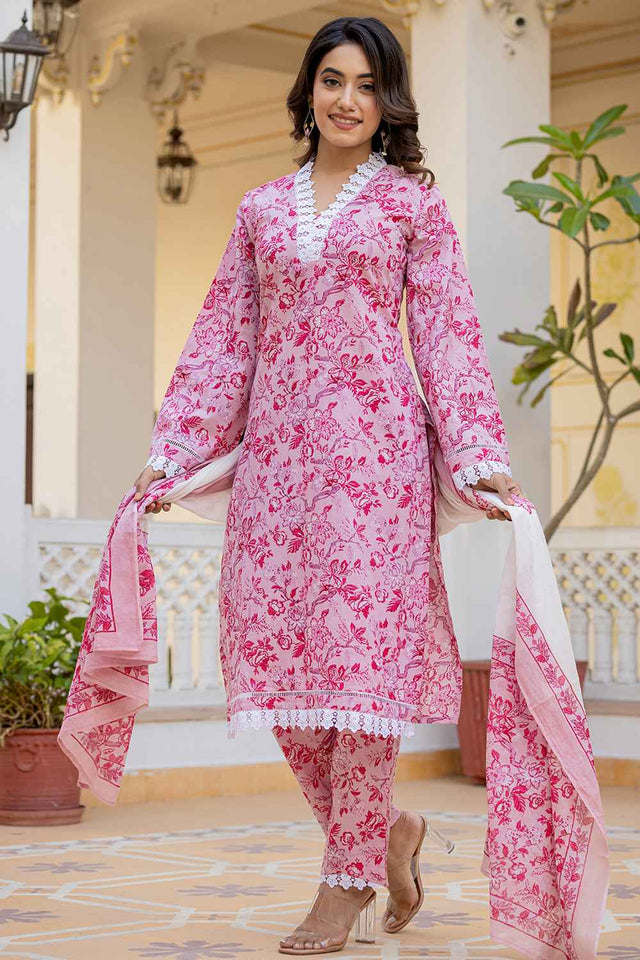 Pink Floral Print Lace Work Pure Cotton Kurti Pant Set