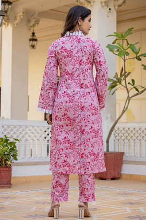 Pink Floral Print Lace Work Pure Cotton Kurti Pant Set