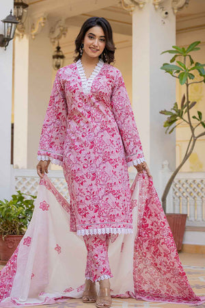 Pink Floral Print Lace Work Pure Cotton Kurti Pant Set