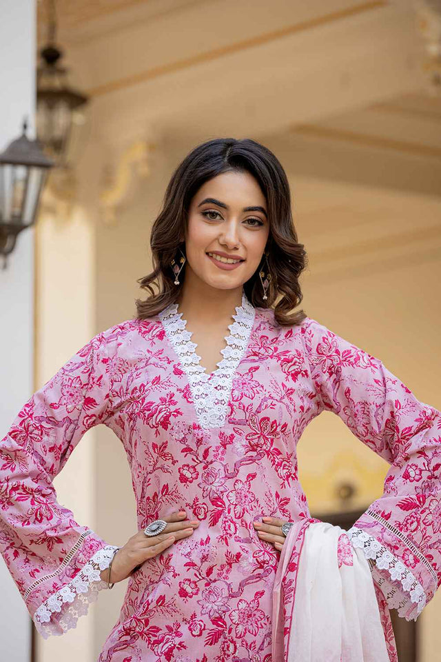 Pink Floral Print Lace Work Pure Cotton Kurti Pant Set