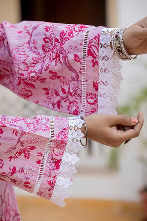 Pink Floral Print Lace Work Pure Cotton Kurti Pant Set