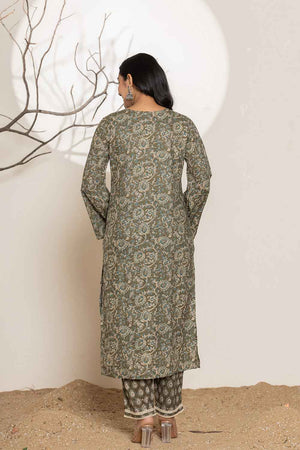 Green Floral Print Lace Work Pure Cotton Kurti Pant Set