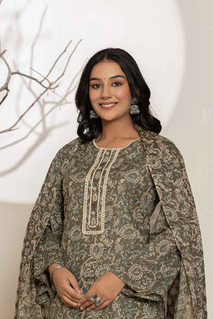 Green Floral Print Lace Work Pure Cotton Kurti Pant Set