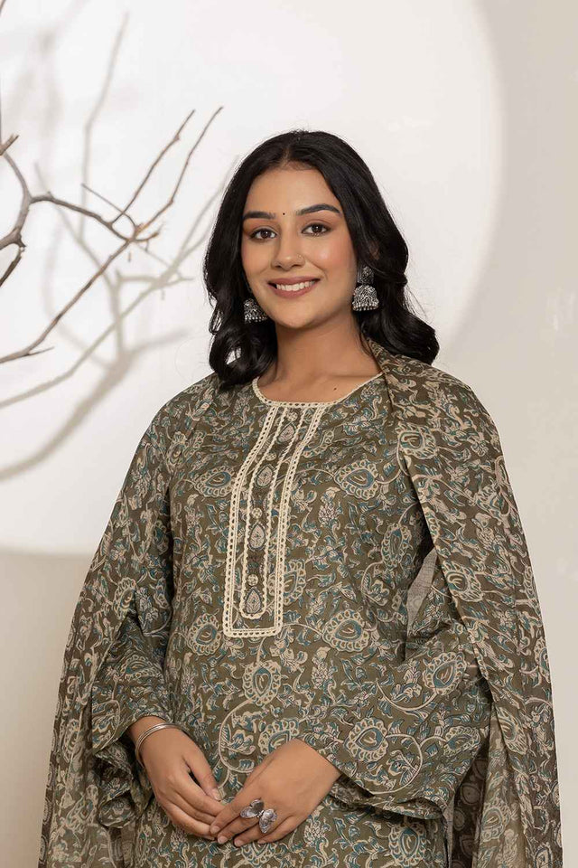 Green Floral Print Lace Work Pure Cotton Kurti Pant Set